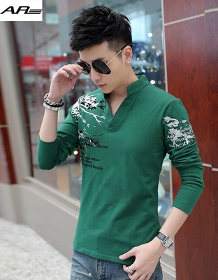 AR T恤男  韩版修身立领T恤 印花长袖男T恤打底衫 墨绿色 L