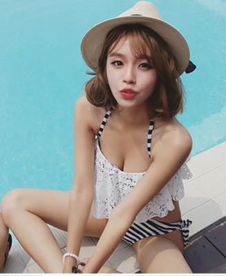2015新款比基尼小胸聚拢白色蕾丝荷叶边分体泳衣女韩国代购bikini
