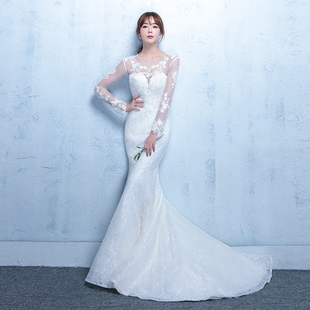 2016新款韩式收腰长袖新娘一字肩鱼尾婚纱礼服修身显瘦小拖尾冬季