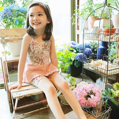 韩版童装 Pink ideal夏季女童套装 纯棉碎花吊带背心+短裤两件套