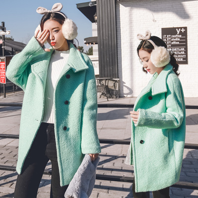 韩国双排扣中长款茧型修身羊毛呢外套女加厚加棉薄荷绿色呢子大衣