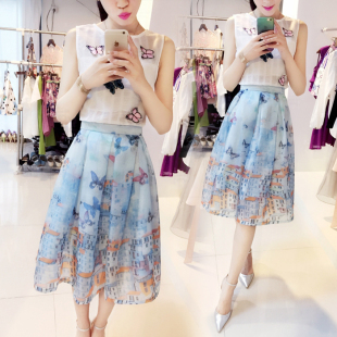 2015夏装新款韩版无袖圆领上衣欧根纱半身裙两件套装显瘦连衣裙女