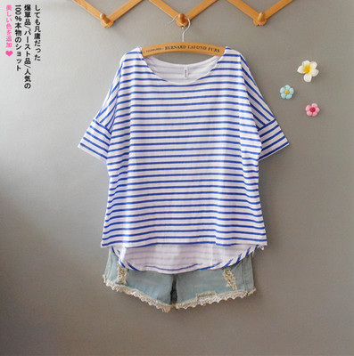 2015夏季新款日系宽松女士条纹短袖T恤韩国大码女装蝙蝠衫