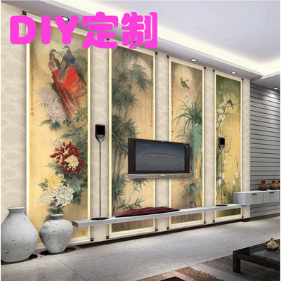 3D大型无缝整张壁画电视背景墙纸客厅沙发背景壁画梅兰竹菊四屏画