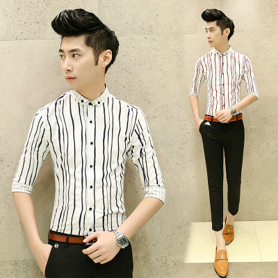夏季韩版休闲型男士短袖衬衫 英伦修身潮流时尚条纹七分袖衬衫 男