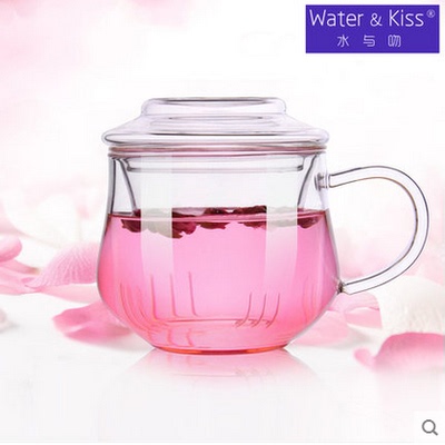 水与吻玻璃杯子茶杯透明  办公带把过滤 带盖花茶杯创意水杯子
