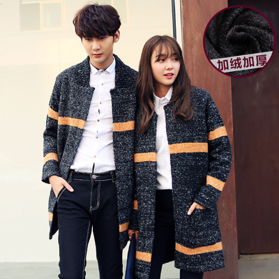 冬季情侣装针织衫韩版修身潮男女学生中长款加绒加厚开衫毛衣外套