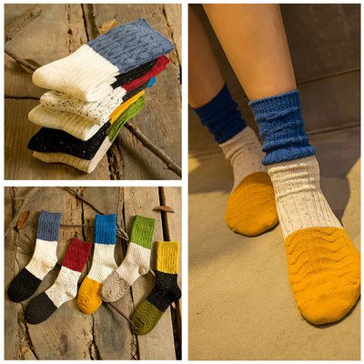 冬季加厚保暖女士袜子 毛圈点子纱拼接撞色中筒纯棉针织堆堆袜