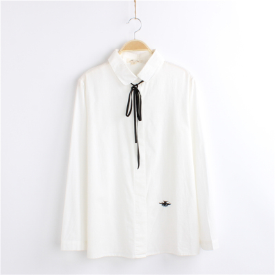 2016秋季新款中长款白色衬衫学生长袖衬衣黑丝系带刺绣甜美日系