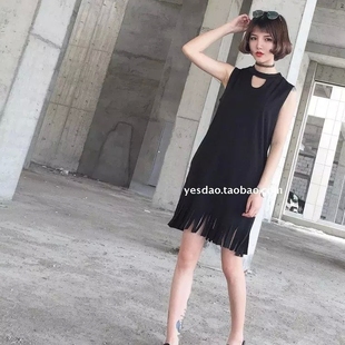 2015欧洲站夏装韩国独特领口破洞设计超范儿流苏背心裙 特价包邮