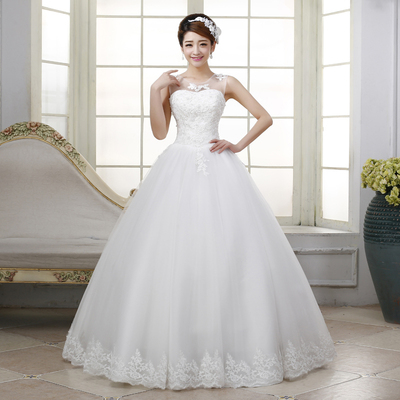 韩版2015新款新娘婚纱礼服蕾丝珍珠修身显瘦齐地简约双肩一字肩