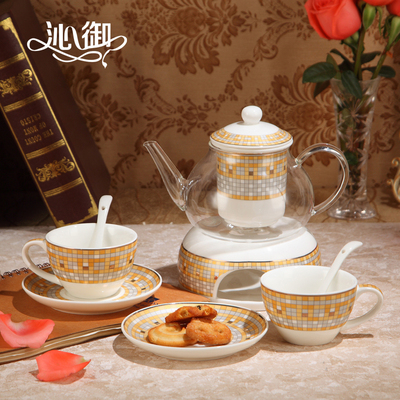 沁御 欧式下午茶花茶玻璃茶具陶瓷过滤加热底座透明花茶壶套装