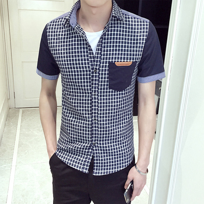 夏装2016新款韩版时尚休闲男士青春潮流百搭修身大码格子短袖衬衫