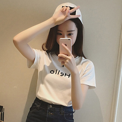 春装2016新款韩版时尚百搭字母纯色宽松短袖打底T恤