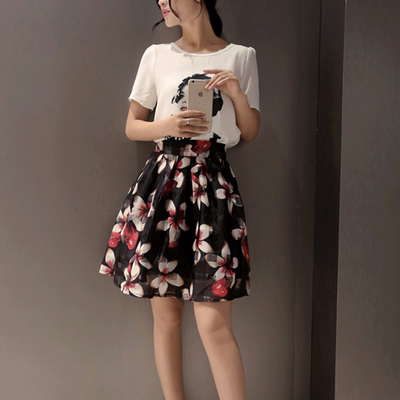 2015夏季新款女装韩版短袖T恤印花欧根纱两件套装裙子连衣裙女潮