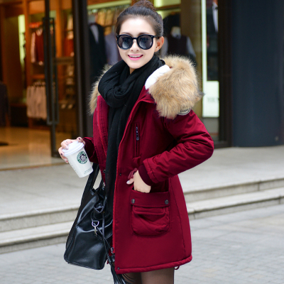 2015冬装新款韩版中长款学生棉衣女修身大毛领加厚大码棉服女外套