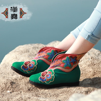 汉舞民族风女鞋 短靴冬绣花布靴舒适保暖筒靴千层底靴子 探花