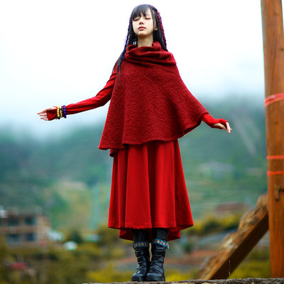 2016秋冬季原创新款民族风女装长袖两件套连衣裙文艺中国风套装裙