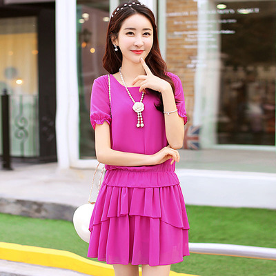 夏季韩版圆领短袖甜美纯色百褶雪纺两件套蛋糕裙配项链