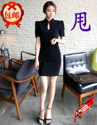 2014新款韩版中国风时尚淑女修身立领高贵显瘦纯色短袖短裙连衣裙
