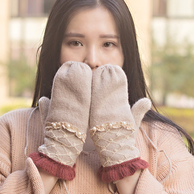 韩版可爱珍珠蕾丝花边包指加绒保暖毛线手套女冬 学生骑车秋冬季