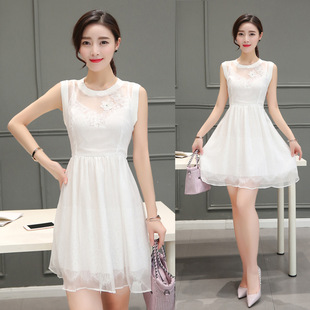 2016夏季新款韩版女装修身显瘦蕾丝连衣裙时尚气质白色雪纺连衣裙