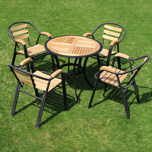 三件套户外桌椅实木不锈钢构架阳台休闲桌椅组合茶几家具室外桌椅