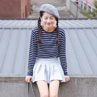 2016秋季新品韩学院风圆 袖横条纹长版套头针织衫女修身显瘦上衣