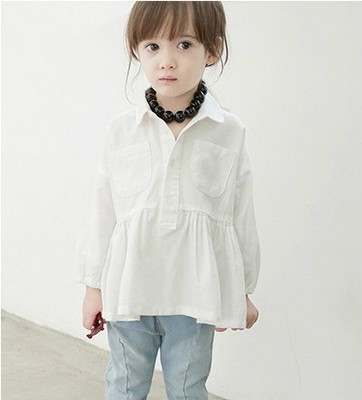 春装新款女童纯白色衬衫纯棉 宝宝长袖衬衣 儿童韩版休闲衬衫