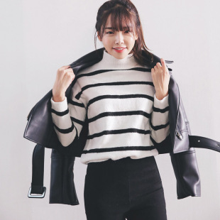 韩国stylenanda代购秋冬新款条纹可爱高领套头针织衫毛衣