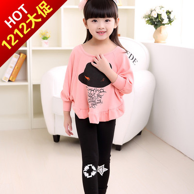 女童套装2015秋装新款韩版儿童宝宝棉长袖蝙蝠衫打底裤两件套童装