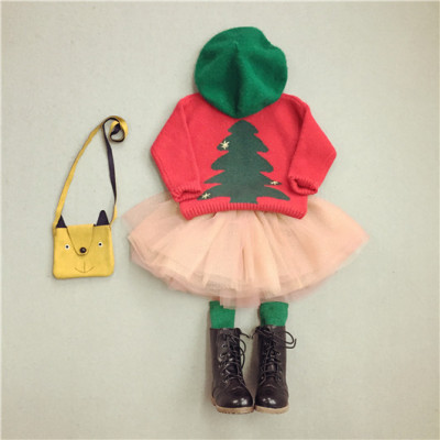 2015花样衣家冬装女童韩国品牌兔绒纯棉圣诞树针织保暖毛衣套头衫