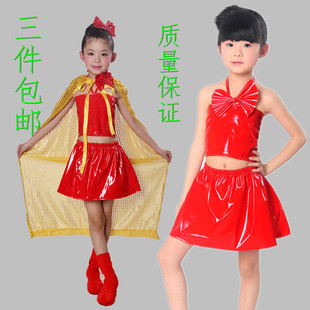 六一儿童舞蹈服装女童幼儿团体舞花木兰表演服红色皮裙摄影服饰