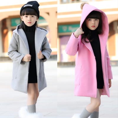 童装2015女童中长款纯色进口羊绒大衣韩版毛毛球连帽冬款呢子外套
