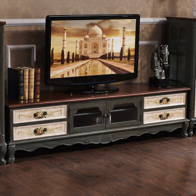 地中海美式电视柜仿古做旧彩绘手绘地柜客厅欧式实木电视柜家具