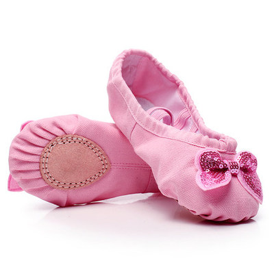 小孩幼儿童蝴蝶结舞蹈鞋软底猫爪鞋芭蕾舞鞋女鞋帆布练功鞋粉红色