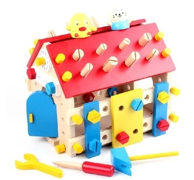 mother gardon木制海狮盖房子 男孩拆装螺丝房子 打桩玩具