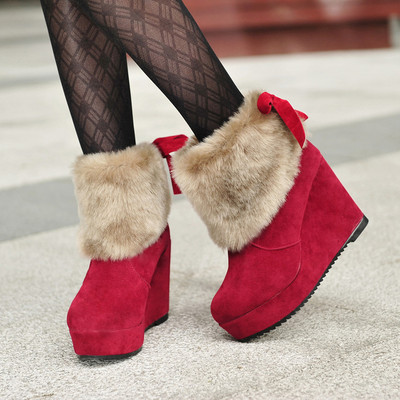2015冬季新款纯色雪地靴女韩版内增高坡跟毛毛短靴超高跟平底靴子