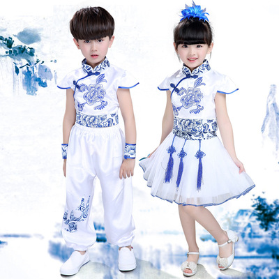 六一新款儿童表演服舞蹈服装青花瓷公主裙蓬蓬裙古筝演出服合唱服