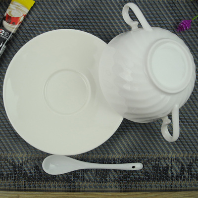欧式菊纹纯白陶瓷双耳咖啡杯杯碟套装西餐餐具甜品汤杯特价批发