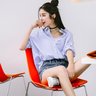 BONNIE2016夏季新款韩版宽松显瘦百搭长袖条纹衬衫女装休闲衬衣潮