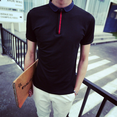 六月新款夏潮男个性简单休闲气质款纯色简洁修身纯棉微领短袖T恤