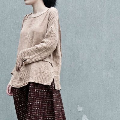 壹念原创设计2016春秋女式纯棉肌理感复古上衣文艺T恤长袖打底衫