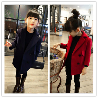 2015秋冬新款韩版儿童双排扣修身款女童棉羊绒大衣小童西裝外套潮