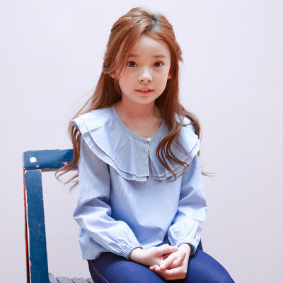 韩国代购2016秋季新品长袖女童条纹童装女中大童亲子娃娃领上衣潮