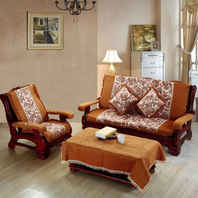 包邮  实木沙发垫防滑毛绒加厚海绵红木沙发坐垫带靠背连体木椅垫