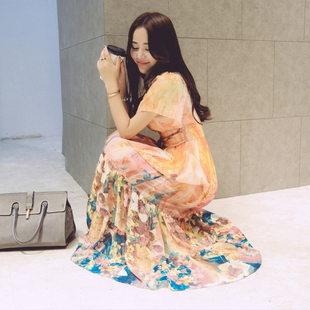 韩系2015夏季波西米亚两件套复古印花连衣裙女民族风修身气质长裙