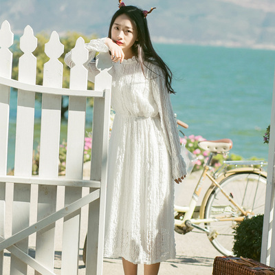 2017春夏女装新款韩国甜美小清新白色蕾丝镂空长裙气质淑女连衣裙
