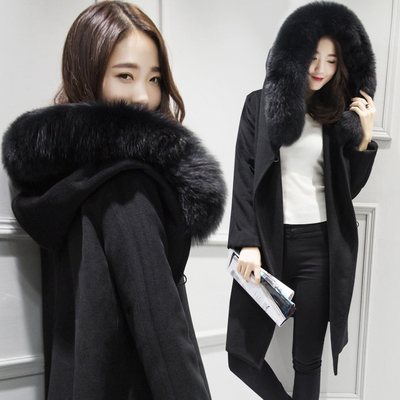 2015冬装新款韩版狐狸毛领加厚连帽中长款毛呢外套女羊绒系带大衣