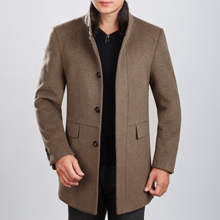 2015秋冬新款羊毛呢男装水貂毛领夹克中年男士商务休闲中长款外套